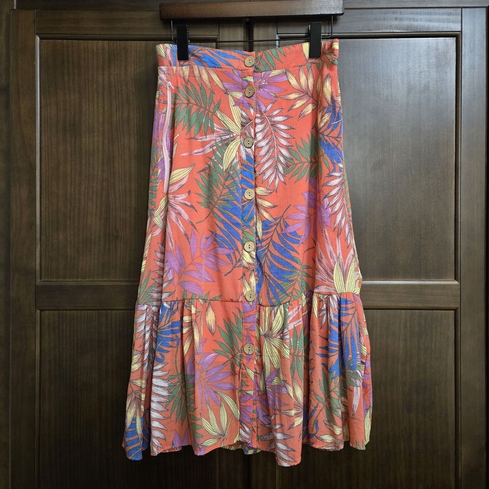 Mlle Gabrielle Tropical Resortwear‎ Button Front Midi Skirt Orange Pocket Size M